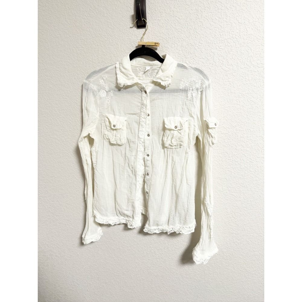 Da Nang Surplus Indo Chine Gauze Blouse Lace Trim Floral Embroidered White Large